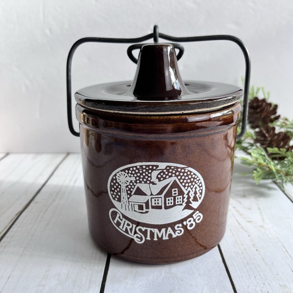 Figis Stoneware Brown Cheese Crock Jar Kave Kure Winter Christmas 1985 Country